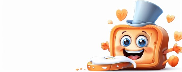 Fototapeta premium A cheerful toast character wearing a top hat with a heart-shaped fried egg, expressing joy and fun in a cartoon style.