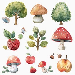 Cute watercolor illustrations of mushrooms, trees, butterflies, and fruits perfect for nature-themed designs.