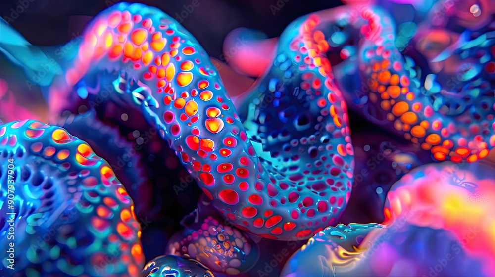 Poster vibrant neon luminous biomorphic claymation form displaying surreal colorful grotesque characteristi