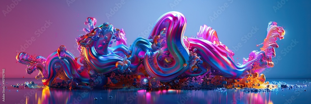 Poster Colorful Biomorphic Claymation Form in Surrealistic Style Creating Luminous Reflections on a Polished Surface During a Dreamlike Environment