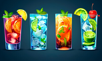Obraz premium Four vibrant drinks featuring ice and fruit garnishes are presented against a dark backdrop