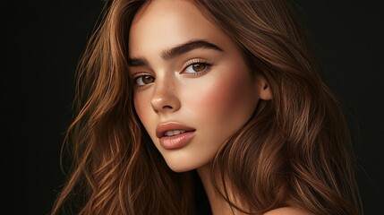 Fototapeta premium Model with radiant brown hair post-keratin treatment, reflecting smooth and well-nourished hair care results.