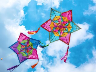 Medium shot of a colorful makarsankranti poster, themed background, bright tonality. 