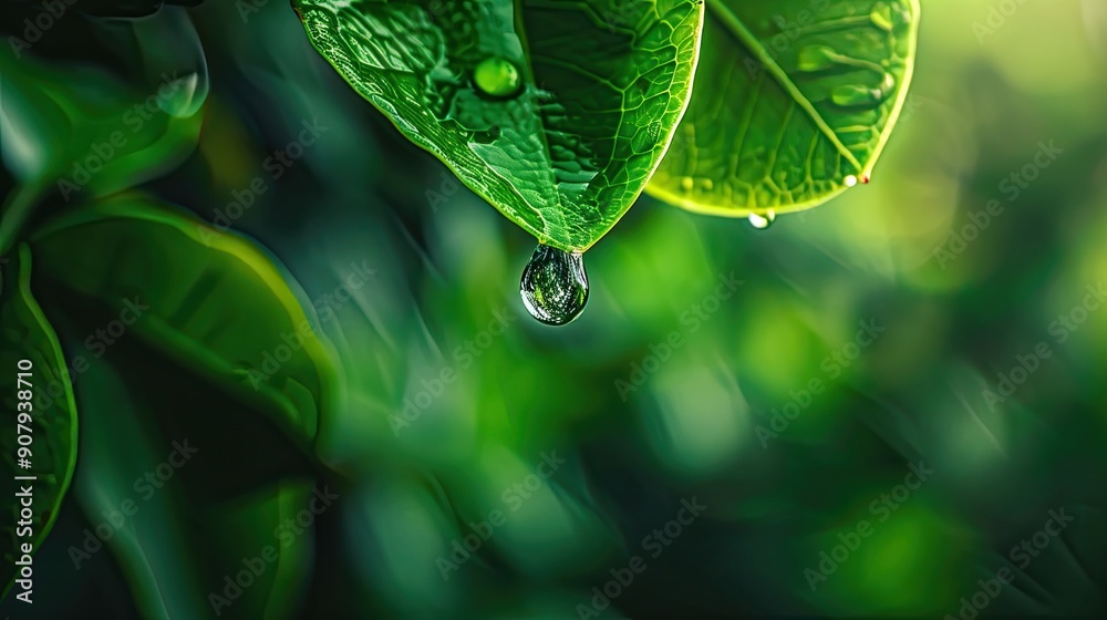 Poster raindrop hangs suspended on leaf while reflecting lush greenery surrounding it