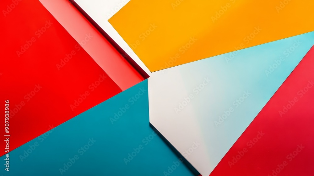 Poster this image features a vibrant abstract design with overlapping geometric shapes in red, orange, blue