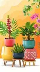 Vibrant collection of indoor plants in colorful pots with a warm backdrop, perfect for home decor and gardening inspiration.
