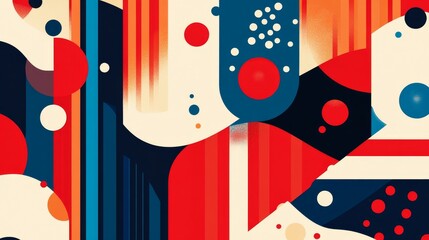 Obraz premium Abstract geometric shapes with red, blue, white, and black colors creating a dynamic and energetic visual. The overlapping forms suggest movement and fluidity.