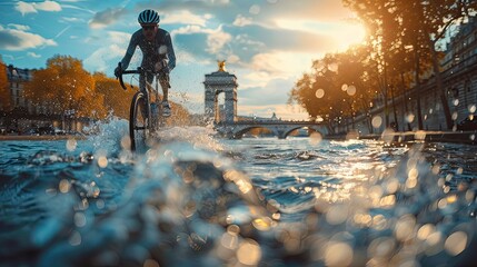 An inspiring shot of a triathlon athlete transitioning from swimming to cycling along the Seine River, with iconic Parisian landmarks highlighting the challenge and endurance of the event.