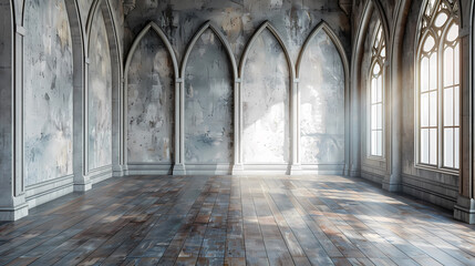 Obraz premium A large, empty room with arched windows and a worn wooden floor. Light streams in through the windows, illuminating the dust motes floating in the air. The room is a study in contrasts - the grandeur 