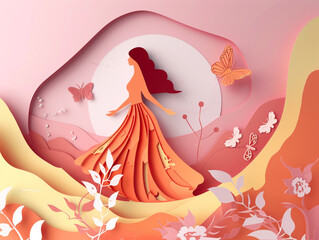 International Women's Day illustration concept with woman and butter fly, Paper cut style.