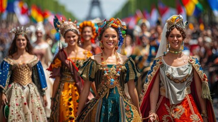 Fototapeta premium A vibrant image of a ceremonial parade down the Champs-Ã‰lysÃ©es, featuring athletes in traditional costumes from various countries, symbolizing cultural diversity and unity.
