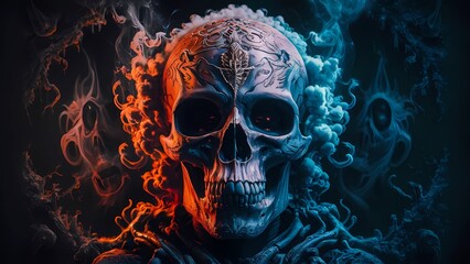 A skull is encircled by vibrant red and blue smoke, creating a striking and creative depiction of life and death.
