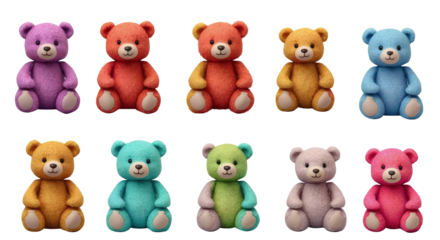 Set of colorful teddy bear toys isolated on transparent background
