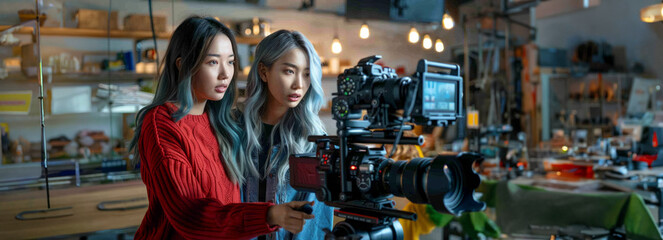Collaborative Creativity: Young Asian and Caucasian Women in Modern Studio Focus on Film Production and Advertising