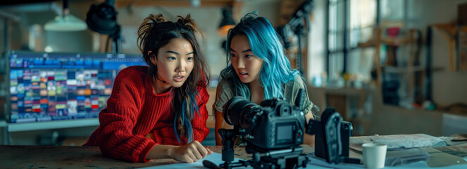 Obraz premium Creative Collaboration: Asian Woman in Red Sweater and Caucasian Woman with Blue Hair in Modern Studio Focusing on Film Production and Advertising