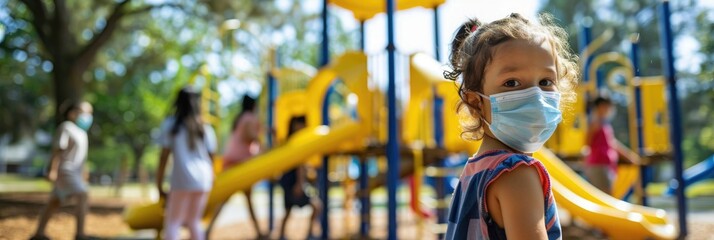 Children playing at the park wearing surgical masks during the COVID 19 pandemic Kids and parents enjoy outdoor fun at the playground on a sunny summer day post lockdown