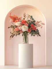 A stunning floral arrangement of pink and white roses and greenery in a clear glass vase, set on a white pedestal against a soft pink background, symbolizing beauty, love, celebration, and new beginni
