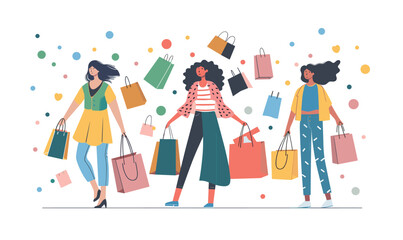 Three stylish women carrying shopping bags happily walk, surrounded floating bags. Diversity, vibrant clothing, sense joy express successful shopping spree. Isolated white background, colorful dots