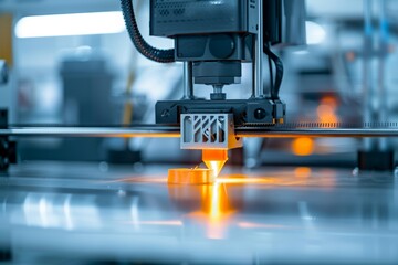 A photo of a detailed close-up of a 3D printer in action, creating a complex model in a modern lab during midday