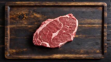 Thick-Cut Raw Steak on Rustic Cutting Board, A close-up shot of a thick, raw steak resting on a rustic wooden cutting board, Perfect for culinary blogs, recipe websites, or restaurant menus.