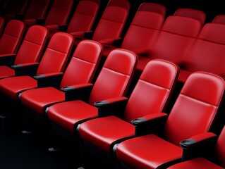 Obraz premium Empty row of red theater seats, low light creating a dramatic feel, close-up from an angle, more clarity with clear light and sharp focus, high detailed