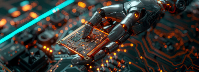 Futuristic Animation: Cutting-Edge Robot Arm Showcasing State-of-the-Art Computer Processor with Computer Vision Technology