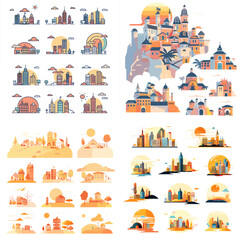 Obraz premium A collection of cityscape illustrations with a variety of buildings