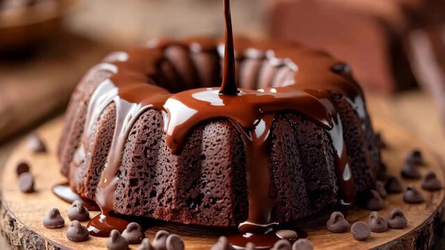 close up a bundt cake , chocolate cake with melted chocolate pouring from top	
