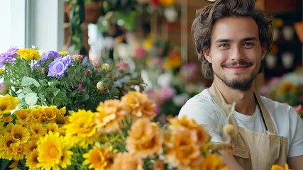 happy male florist smiling surround with a bunch of flowers at flower shop