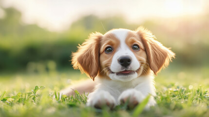 Adorable puppy frolicking in lush grass, capturing joyful moments of playfulness in nature. Perfect for pet lovers and animal photography enthusiasts.