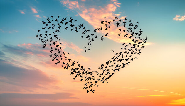 Flock of birds in shape of heart against sunset coloured sky. Generative AI