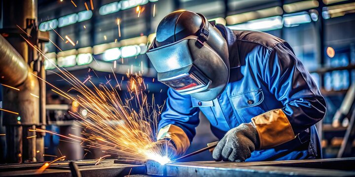 A welder intensely focused on welding metal with sparks flying around in an industrial environment.