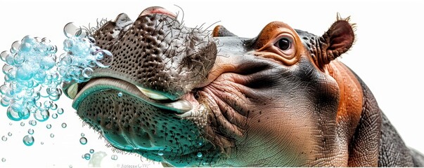Fototapeta premium Detailed close-up of a hippo blowing bubbles, showcasing its textured skin and expressive face against a white background.