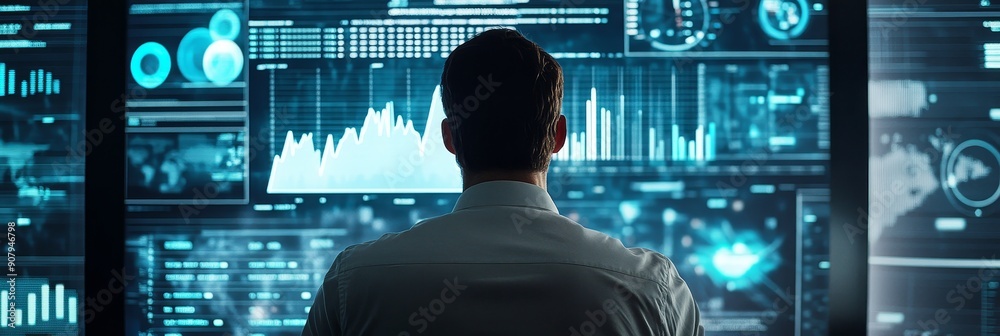 Poster a businessman stands in front of multiple screens displaying data and graphs, symbolizing analysis, 