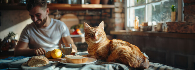 Joyful Gay Couple Bonding Over Breakfast and Playtime with Beautiful Cat Happy Boyfriends Enjoying Sunny Morning Together at Home