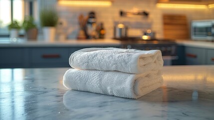 High resolution image of neatly folded cleaning cloth placed on kitchen counter with modern kitchen in the background.