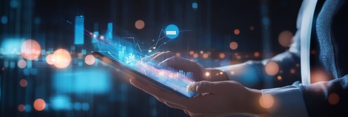 A businessman uses a tablet to analyze financial data. Holographic charts and graphs float above the tablet, symbolizing growth, innovation, technology, and data analysis.