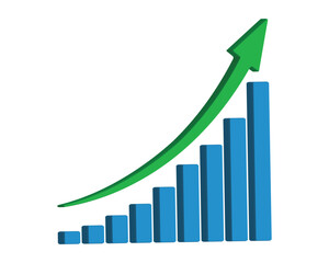 Upward stepping 3d green arrow. Growth Bar blue stairs step to growth success vector illustration on white. Progress way and forward achievement creative concept. 3d Bar graph of blue bars.
