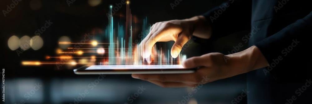 Poster a businessman analyzes data and charts on a digital tablet. he is using his finger to navigate the s