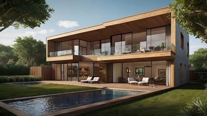 Chalet moderno de madera, con una de las paredes de cristal de cara a una piscina y toda rodeada por arboles y arbustos