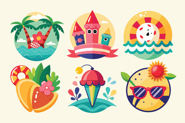 Colorful Circular Illustrations Depicting Summer Activities and Elements
