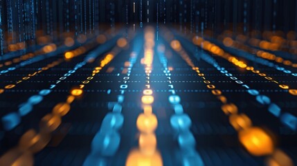 Fototapeta premium Futuristic abstract digital matrix with glowing binary code in blue and orange tones, representing data flow and technology.