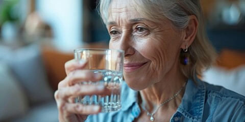 Keeping hydrated in her golden years: Senior woman drinking water at home, Generative AI