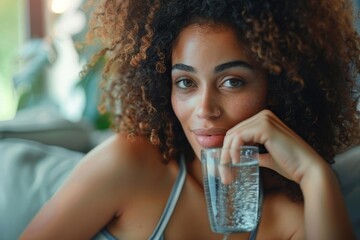 Healthy woman with glass of water at home, Generative AI