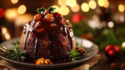 A traditional Christmas pudding with a rich, dark sauce and a sprig of holly,  symbolizing tradition, celebration, and the festive season,  against a blurred background of Christmas lights.