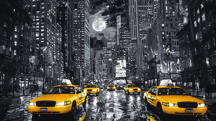 A black and white cityscape at night with bright yellow taxi cabs in the foreground 