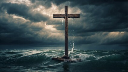 Naklejka premium Conceptual image of christian cross in water with stormy sky.