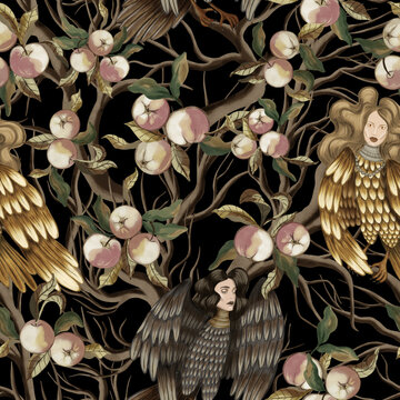 Sirin,alkonost, fairytail human with head of woman and body of bird and wings. Sirin - the magic bird of paradise. An amazing half-bird-half-woman. The character of mythology.