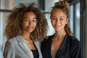 Fototapeta premium Portrait of two business women standing together in an office, Generative AI