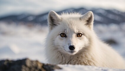 Fototapeta premium Closeup white arctic fox in the northern snowy landscape.
